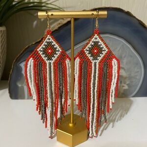 Elegant Beaded Dangle Earrings - Red, White, and Black